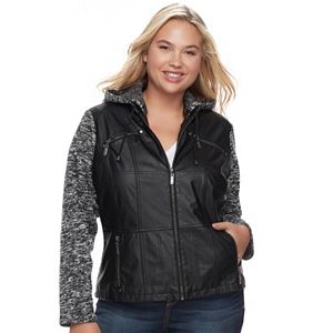 Juniors' Plus Size J-2 Knit Sleeve Faux-Leather Jacket