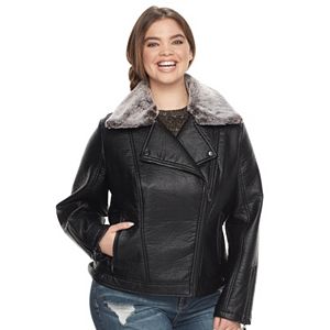 Juniors' Plus Size J-2 Faux-Leather Hooded Moto Jacket