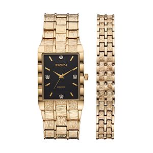 Elgin Men's Diamond Textured Watch & Bracelet Set