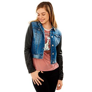 Juniors' Wallflower Hooded Mixed Media Denim Jacket