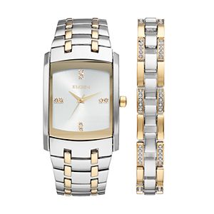 Elgin Men's Crystal Two Tone Watch & Bracelet Set