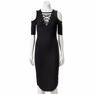 Juniors' Almost Famous Lace-Up Cold-Shoulder Bodycon Dress