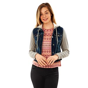 Juniors' Wallflower Hooded Knit Sleeve Denim Jacket
