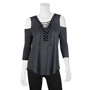 Juniors' IZ Byer California Lace-Up Cold Shoulder Top