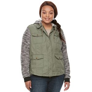 Juniors' Plus Size Mudd® Marled Knit-Sleeve Utility Jacket