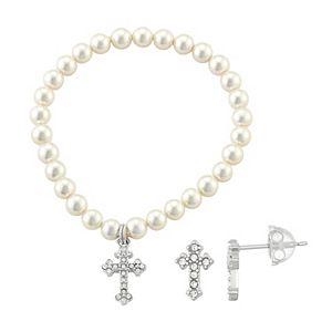 Lulabelle Kids' Shell Pearl & Crystal Cross Stretch Bracelet & Stud Earring Set