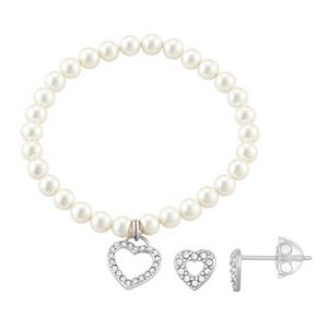 Lulabelle Kids' Shell Pearl & Crystal Heart Stretch Bracelet & Stud Earring Set