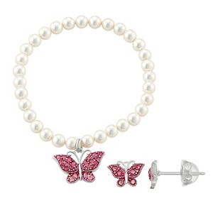 Lulabelle Kids' Shell Pearl & Crystal Butterfly Stretch Bracelet & Stud Earring Set
