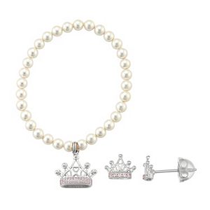 Lulabelle Kids' Shell Pearl & Cubic Zirconia Crown Stretch Bracelet & Stud Earring Set
