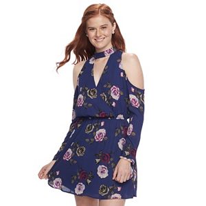 Juniors' Speechless Floral Cold-Shoulder Choker Neck Dress