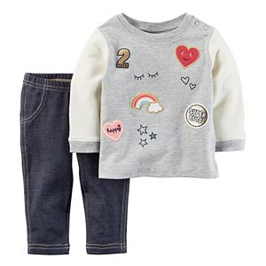 Baby Girl Carter's Patch French Terry Top & Faux-Denim Leggings Set