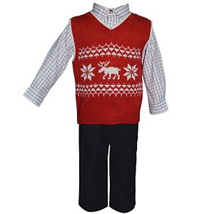 Baby Boy Blueberi Boulevard Moose Sweater Vest, Plaid Shirt & Corduroy Pants Set