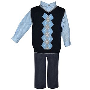 Baby Boy Blueberi Boulevard Argyle Sweater Vest, Striped Shirt & Corduroy Pants Set