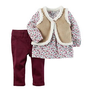 Baby Girl Carter's Floral Top, Faux-Suede Vest & Pants Set