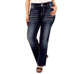 Juniors' Plus Size Wallflower Curvy Embellished Dark Wash Bootcut Jeans