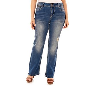 Juniors' Plus Size Wallflower Curvy Embellished Ripped Bootcut Jeans