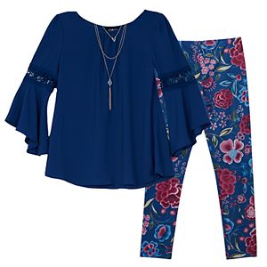 Girls 7-16 IZ Amy Byer Bell Sleeve Tunic & Patterned Leggings Set with Necklace