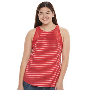 Juniors' Plus Size SO® Lace Trim Split-Back Tank