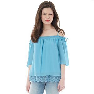 Juniors' IZ Byer California Lace Hem Off Shoulder Top