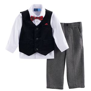 Baby Boy Great Guy Velvet Vest, Button Down Shirt & Herringbone Pants Set with Bow Tie