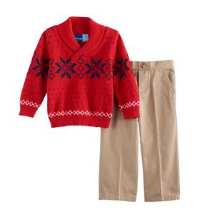 Baby Boy Great Guy Snowflake Shawl Pullover Sweater & Khaki Pants Set