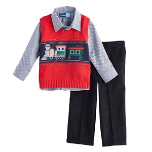 Baby Boy Great Guy Train Sweater Vest, Plaid Shirt & Corduroy Pants Set