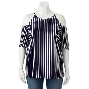 Juniors' Plus Size HeartSoul Striped Cold Shoulder Top