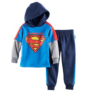 Toddler Boy DC Comics Super-Man Hooded Mock-Layered Top & Pants Set