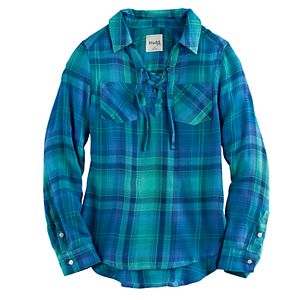 Girls 7-16 & Plus Size Mudd® Lace-Up Plaid Popover Top