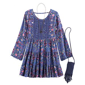 Girls 7-16 Knitworks Floral Bell Sleeve Boho Tiered Dress with Fringe Crossbody Cell Phone Purse & Necklace