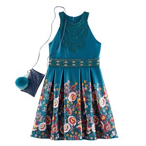 Girls 7-16 Knitworks Floral Border Highneck Skater Dress with Cell Phone Purse & Pom Keychain