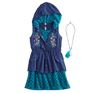 Girls 7-16 Knitworks Hooded Vest & Chevron Lace Shift Dress Set with Necklace