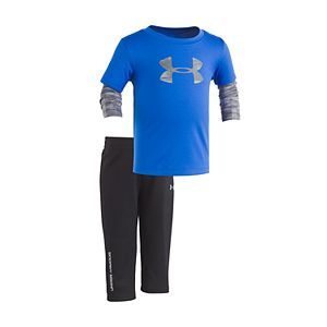 Baby Boy Under Armour Blue Cloudy Grid Slider Mock Layer Tee & Pants Set