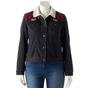 Juniors' Plus Size Mudd® Sherpa-Lined Embroidered Jean Jacket