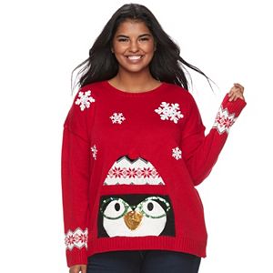 Junior's Plus Size It's Our Time Light-Up Penguin Holiday Sweater