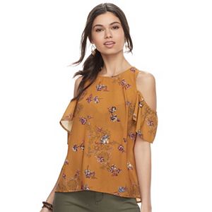 Juniors' Rewind Printed Chiffon Cold Shoulder Top