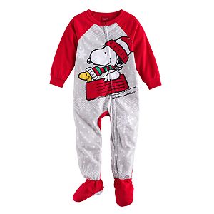 Toddler Jammies For Your Families Peanuts Snoopy & Woodstock Sledding Microfleece Footed Pajamas