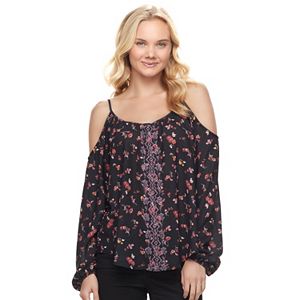 Juniors' Rewind Embroidered Cold Shoulder Top