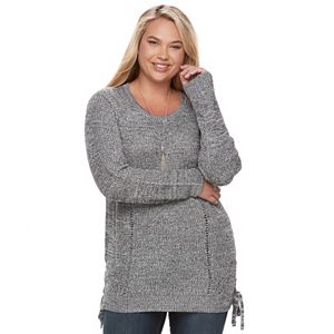 Juniors' Plus Size SO® Lace-Up Tunic Sweater