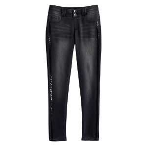 Girls 7-16 & Plus Size SO® Sequin Side-Stripe Black Skinny Jeans