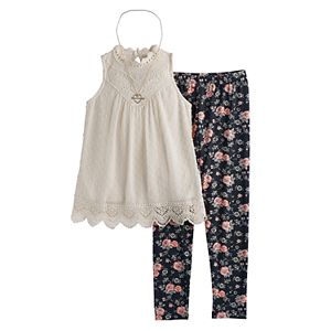 Girls 7-16 Knitworks Swiss Dot Victorian Tunic & Floral Leggings Set with Necklace