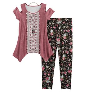 Girls 7-16 Knitworks Ribbed Crochet Lace Cold Shoulder Tunic & Leggings Set with Necklace