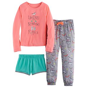 Girls 4-16 SO® Unicorns, Rainbows & Puppies Tee, Shorts & Pants Pajama Set