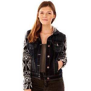 Juniors' Wallflower Print Sleeve Jean Jacket