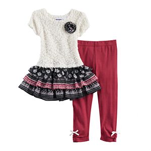 Toddler Girl Blueberi Boulevard Ruffled Tiered Skirt Sweater Dress & Bow Leggings Set