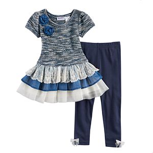 Toddler Girl Blueberi Boulevard Ruffled Tiered Skirt Marled Sweater Dress & Leggings Set