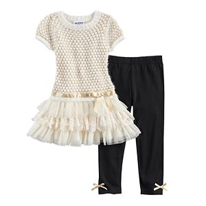 Toddler Girl Blueberi Boulevard Open Knit Sweater Dress & Bow Leggings Set