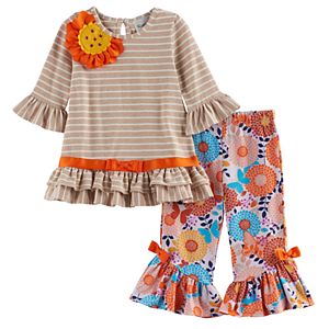 Toddler Girl Rare Editions Striped Flower Applique Top & Patterned Bell Bottom Leggings Set