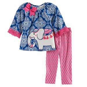 Toddler Girl Rare Editions Elephant Applique Patterned Top & Leggings Set