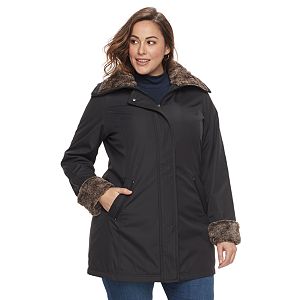 Plus Size Weathercast Faux-Fur Trim Hooded Rain Jacket